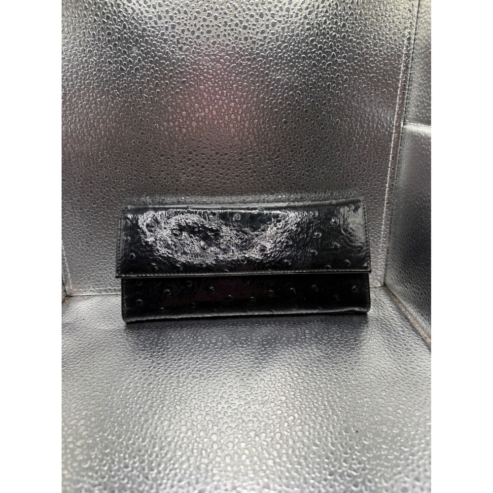 Black Glossy Ostrich Embossed Tri-Fold Wallet Womens Snap Closure ID Window